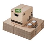Pack and Move - Lot 40 cartons déménagement stockage livres - 40 x 30 x 30 cm - Poignées renforcées - 2 adhésifs offerts