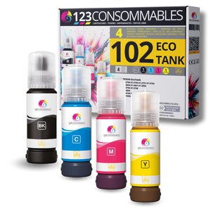 123CONSOMMABLES - 102 pour EcoTank - Multipack encre compatible avec EPSON 102 EcoTank ET-2700 ET-2750 ET-2751 ET-2756 ET-2850 ET-2851 ET-2856 ET-3700 ET-3750 ET-4750 ET-4850 ET-15000
