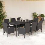 vidaXL Ensemble à manger de jardin et coussins 9 Pièces noir rotin verre