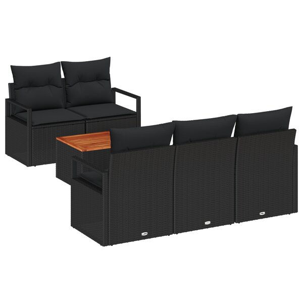 Ensemble de Sofa de Jardin à 6 Pièces avec Coussins Noir Poly Rattan Acacia