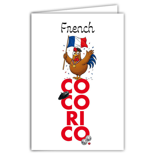 69-4504 Carte French Cocorico Coq Fier Vainqueur Drapeau Bleu Blanc Rouge Béret Pétanque Clichés français Illustration Humoristique French Touch - Avec Enveloppe 12x17cm - Fabrication française