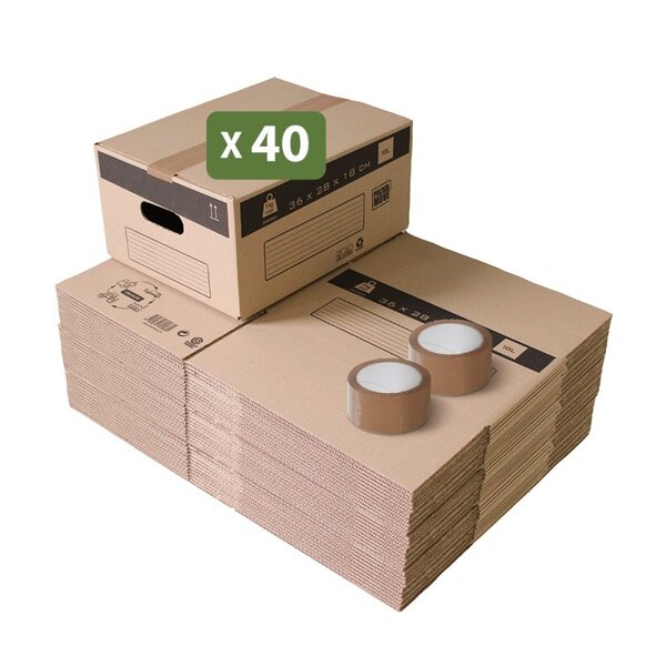 Pack and Move - Lot 40 cartons déménagement stockage S - 36 x 28x 18 cm - Poignées renforcées - 2 adhésifs offerts