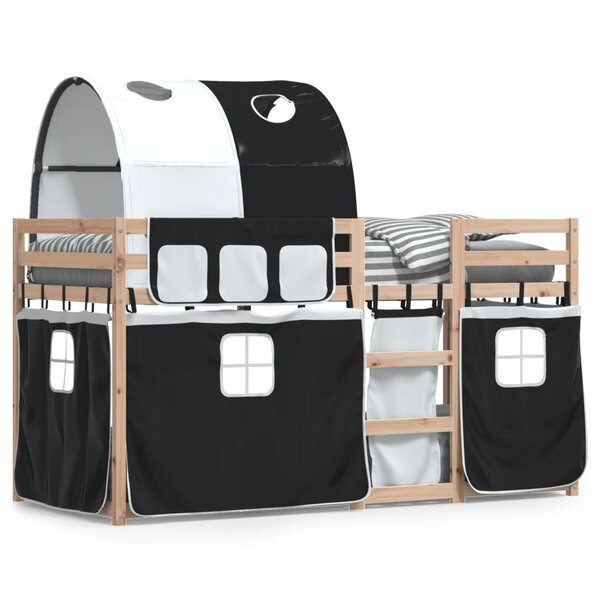 vidaXL Lit superposé avec rideaux blanc/noir 90x200 cm bois pin massif