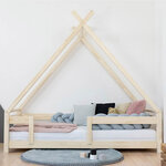 Lit Tipi enfant avec barrière bois massif gris 120 x 190 cm