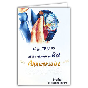 69-3133 Carte Anniversaire pour Homme Chic élégant Montre Cravate Costume Bleu Aquarelle 40 50 60 70 ans -Finitions Dorure Or Doré + Gaufrage en Relief +1 Enveloppe Format 12x17cm -Fabriqué en Europe