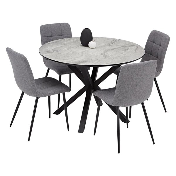Ensemble repas table ronde 110 cm aspect pierre et 4 chaises grises  pieds metal noir