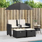 vidaXL Canapé de jardin 2 places avec parasol et tabourets noir rotin