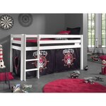 PINO Lit sureleve en pin massif avec sommier Blanc + Rideau de lit Pirate