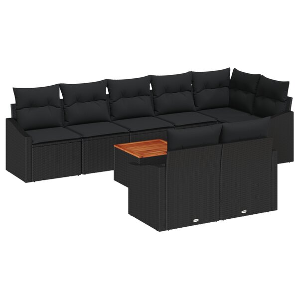 vidaXL Ensemble de Canapé de Jardin 9 Pièces avec Coussins Noir Poly Rotin Acacia