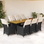 vidaXL Ensemble de bistro de jardin 9 Pièces coussins noir poly rotin