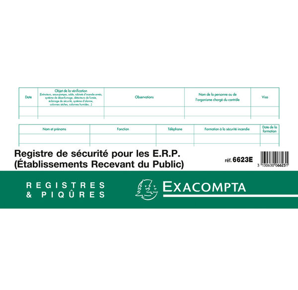Piqûre 24x32cm Registre de sécurité pour les établissement recevant du public - 32 pages EXACOMPTA