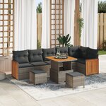 Ensemble de Canapé de Jardin 9 Pièces Avec Coussins Gris Poly Rattan Acacia