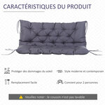 Coussin matelas assise dossier pour banc de jardin balancelle canapé 2 places grand confort 120 x 110 x 12 cm gris