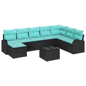vidaXL Ensemble de canapé de jardin 9 Pièces Noir et turquoise Poly rotin
