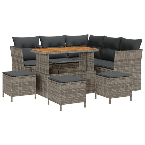 Ensemble de Canapé de Jardin de 9 Pièces Avec Coussins Gris Poly Rattan Acacia