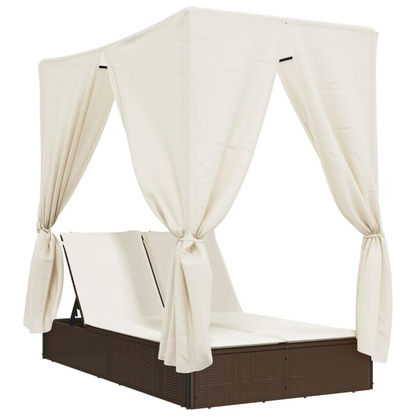 vidaXL Chaise longue double avec toit et rideaux marron résine tressée