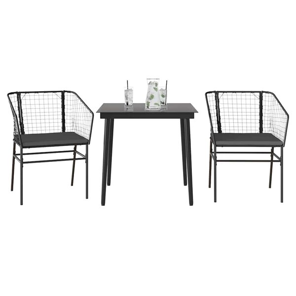 vidaXL Ensemble à manger de jardin et coussins 3 Pièces noir rotin verre