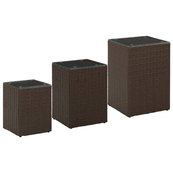 vidaXL Tables d'appoint 3 Pièces et dessus en verre Marron Résine tressée