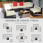 Ensemble salon de jardin 7 pièces modulables table basse plateau verre trempé coussins déhoussables inclus résine tressée imitation rotin brun foncé