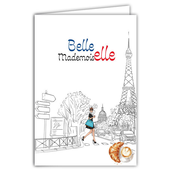 69-4509 Carte Belle Mademoiselle Mlle Parisienne à la Mode Tour Eiffel Croissant Café Clichés élégance française Illustration pour Fille Femme - Avec Enveloppe Format 12x17cm - Fabrication française