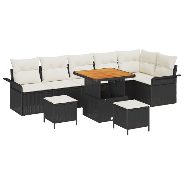 Canapé de jardin 9 pièces avec coussins noir et poly rotin