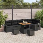 Ensemble de canapé de jardin 9 pièces vidaXL avec coussins en rotin poly noir acacia