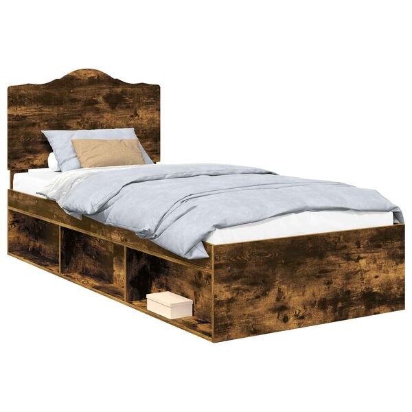 vidaXL Cadre de lit avec tête de lit Chêne fumé 90 x 200 cm Pin massif