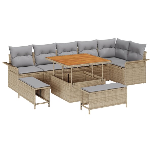 Ensemble de canapé de jardin 9 pièces avec coussins en beige poly rotin acacia