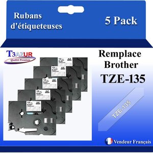 5x Rubans d'étiqueteuses compatibles avec Brother Tze135  Tze-135 pour étiqueteuses P-touch - Texte blanc sur fond transparent - Largeur 12 mm x 8 mètres