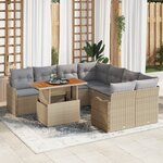 Ensemble de Canapé de Jardin 9 Pièces avec Coussins Beige Rattan Poly Acacia