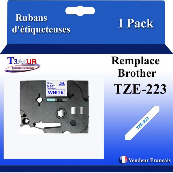 Ruban d'étiqueteuse compatible avec Brother Tze223  Tze-223 pour étiqueteuses P-touch - Texte bleu sur fond blanc - Largeur 9 mm x 8 mètres - T3AZUR