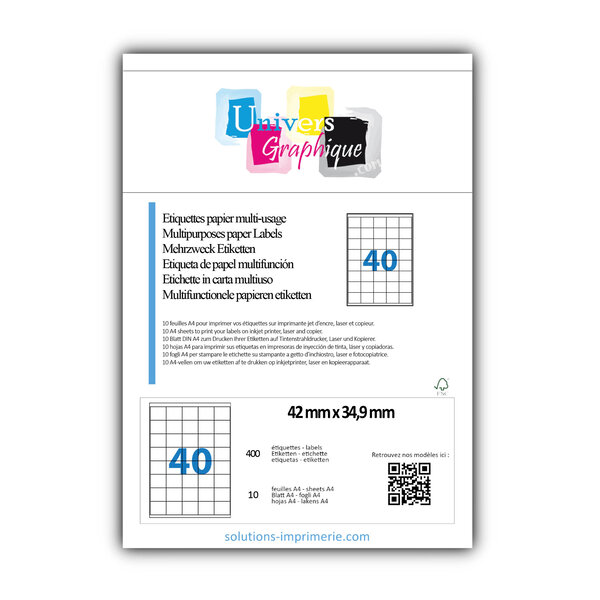 Lot de 10 planches a4 de 40 étiquettes à bords vifs 42 x 34 9 mm en papier blanc 70g/m² multifonction