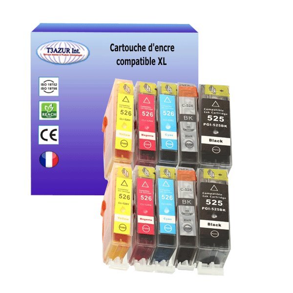 10 Cartouches compatibles avec Canon Pixma iP4850, iP4900, iP4950, iX6500, iX6550, MG5100 remplace Canon PGI-525, CLI-526 XL  - T3AZUR
