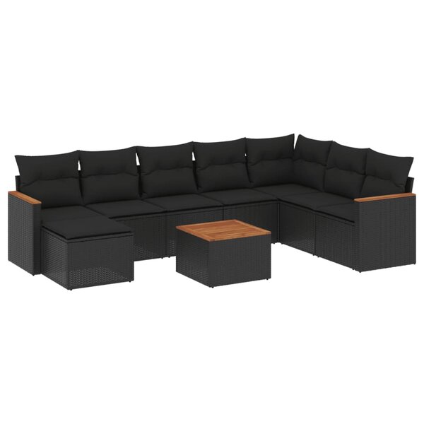 vidaXL Salon de jardin 9 Pièces avec coussins noir résine tressée
