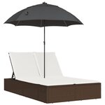vidaXL Chaise longue double avec coussins et parasol marron poly rotin
