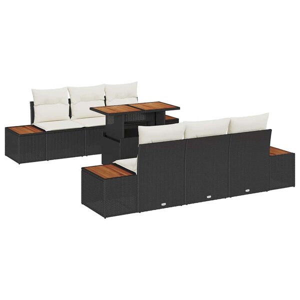 vidaXL Ensemble de salle à manger de jardin 7 pièces avec coussins en rotin noir et acacia