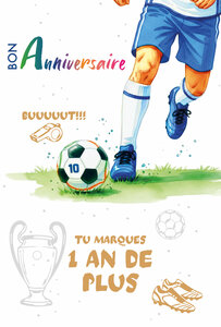 69-3129 Carte Anniversaire 1 an de Plus pour Homme Footballeur Sportif ou Supporter Peinture Aquarelle - Finitions Dorure Or Doré + Gaufrage en Relief +1 Enveloppe Format 12x17cm - Fabriqué en Europe