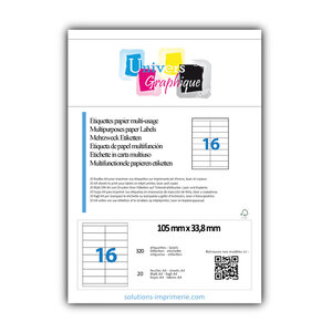 Lot de 20 planches a4 de 16 étiquettes à bords vifs 105 x 33 8 mm en papier blanc 70g/m² multifonction