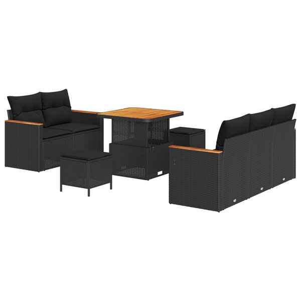 Ensemble de canapé de jardin 8 pièces avec coussins Noir Poly Rattan Acacia