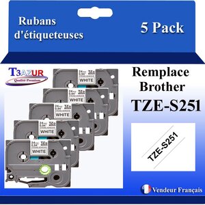 5x Rubans d'étiqueteuses compatibles avec Brother Tze251  Tze-251 pour étiqueteuses P-touch - Texte noir sur fond blanc - Largeur 24 mm x 8 mètres - T3AZUR