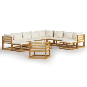 Salon de jardin meuble d'extérieur ensemble de mobilier 12 pièces avec coussin crème bois d'acacia solide 02_0015531