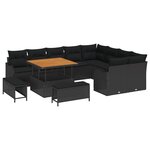 Ensemble de canapé de jardin 12 pièces avec coussins Noir Poly Rattan Acacia