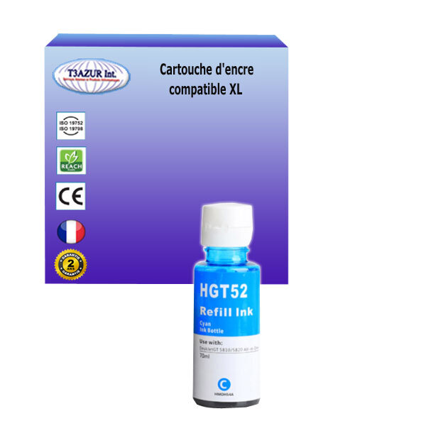 Bouteille d'encre compatible avec HP Smart Tank 514, 515, 517, 518, 519 remplace HP GT52- Cyan - 70ml - T3AZUR