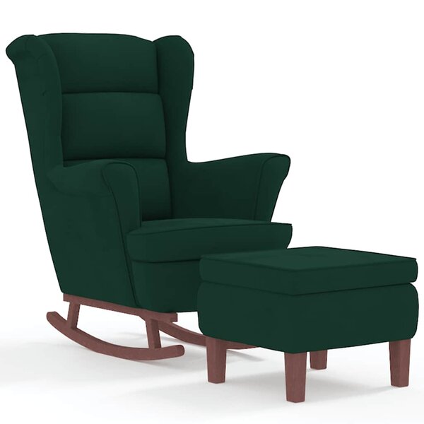 vidaXL Fauteuil à bascule à oreilles en velours vert foncé bois massif
