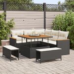 Canapé de jardin 8 pièces avec coussins noir poly rotin acacia