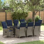 Ensemble de Salle à Manger de Jardin 9 Pièces avec Coussins en Rattan Poly