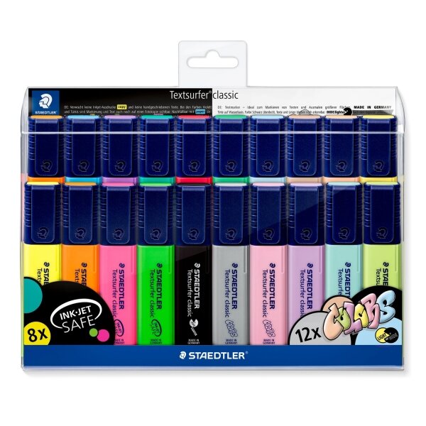 Staedtler Textsurfer Classic 364  lot de 20 marqueurs fluorescents – Pointe biseautée 1 à 5 mm environ – Séchage rapide – Couleurs assorties