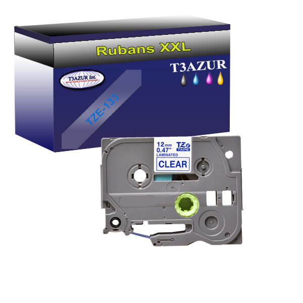 Ruban pour étiquettes laminées générique Tze-133 pour étiqueteuses P-touch - Texte bleu sur fond transparent - Largeur 12 mm x 8 mètres