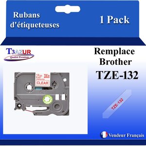 Ruban d'étiqueteuse compatible avec Brother Tze132  Tze-132 pour étiqueteuses P-touch - Texte rouge sur fond transparent - Largeur 12 mm x 8 mètres