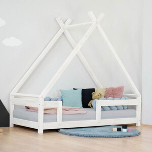 Lit Tipi enfant avec barrière bois massif blanc 140 x 200 cm